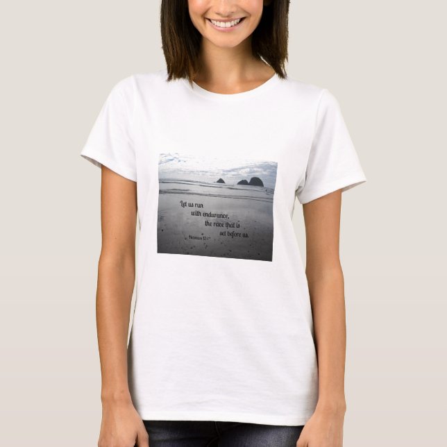 Hebrews 12:1 Let us run with endurance... T-Shirt (Front)