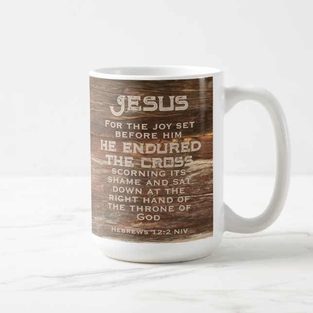 Hebrews 12:2 Bible Verse Rustic Wood Monogram  Coffee Mug (Right)