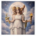 Hecate Triple Goddess Celestial Moon Art – myth Ceramic Tile<br><div class="desc">This striking celestial illustration depicts Hecate, the powerful triple-formed goddess of Greek mythology. Standing beneath a luminous full moon and star-filled night sky, Hecate appears in her traditional three-faced form representing the mysteries of the crossroads, the night, and the unseen realms. Each aspect of the goddess holds sacred symbols associated...</div>