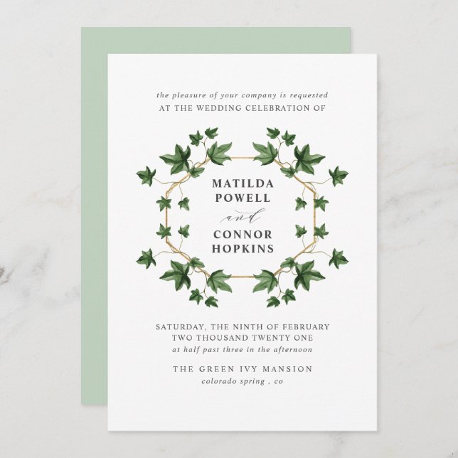 Hedera | Green Ivy Botanical geometric Wedding Invitation (Front/Back)