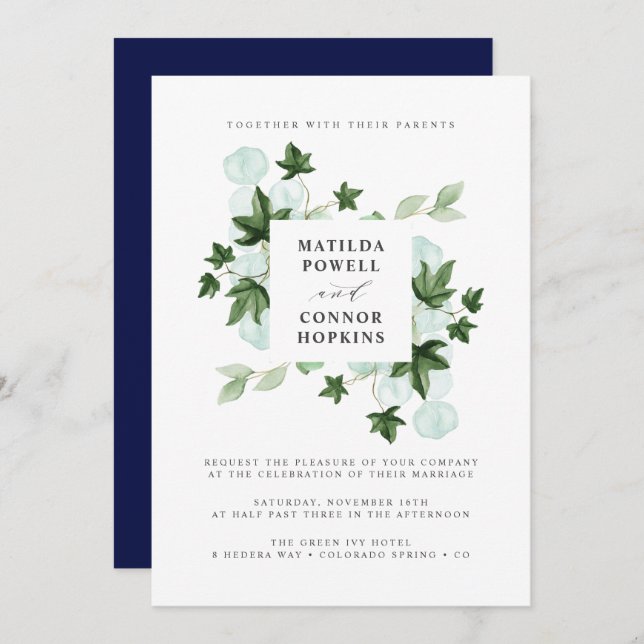 Hedera | Green Ivy Navy Botanical Wedding Invitation (Front/Back)