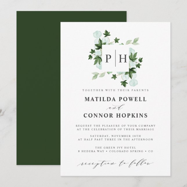 Hedera Monogram | Ivy Eucalyptus Botanical Wedding Invitation (Front/Back)