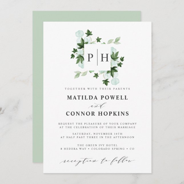 Hedera Monogram | Ivy Eucalyptus Botanical Wedding Invitation (Front/Back)