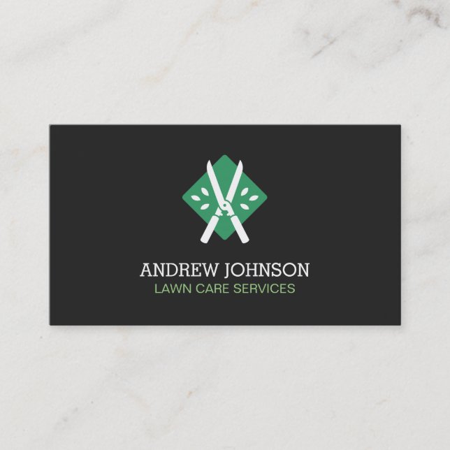 Hedge Shears Leaves Logo Lawn Mowing Business Card (Front)