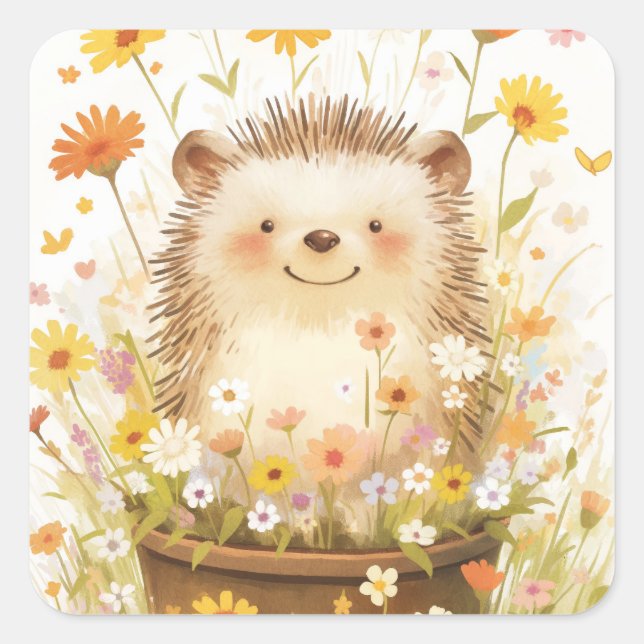 Hedgehog Among the Daisies Square Sticker (Front)
