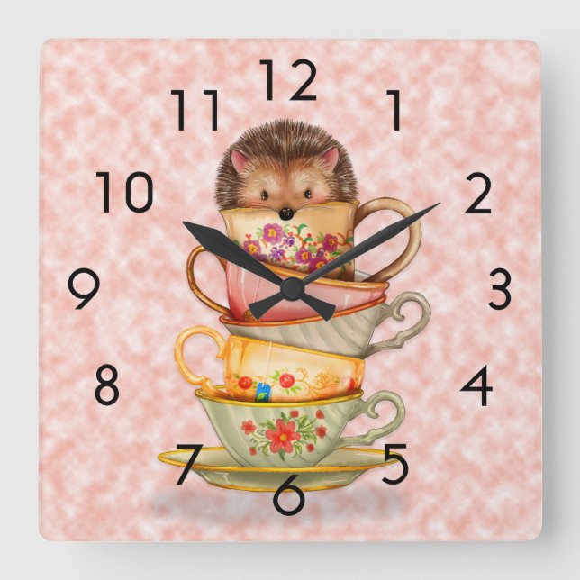 Hedgehog and Colourful Teacups on Pink Wall Clock (Front)