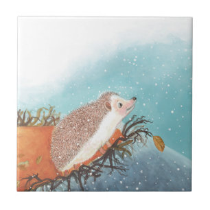 Hedgehog and first snowflakes ceramic tile