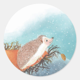 Hedgehog and first snowflakes classic round sticker