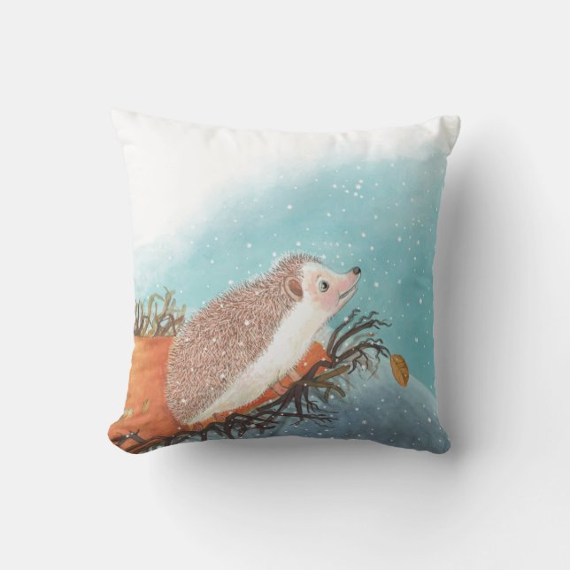Hedgehog and first snowflakes  cushion (Front)