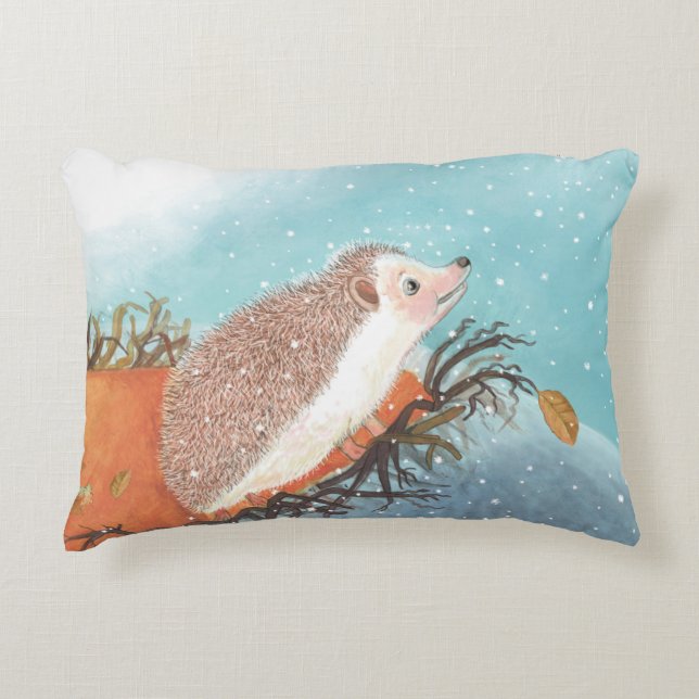 Hedgehog and first snowflakes  decorative cushion (Front)