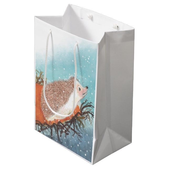 Hedgehog and first snowflakes  medium gift bag (Front Angled)