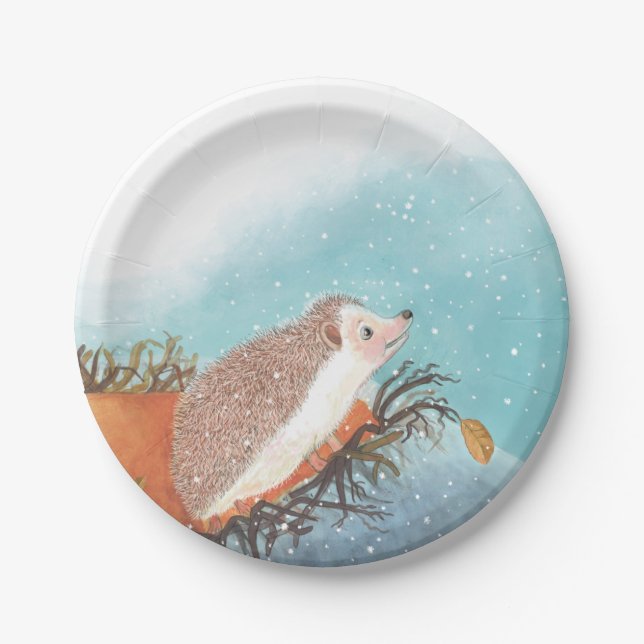 Hedgehog and first snowflakes   paper plate (Front)