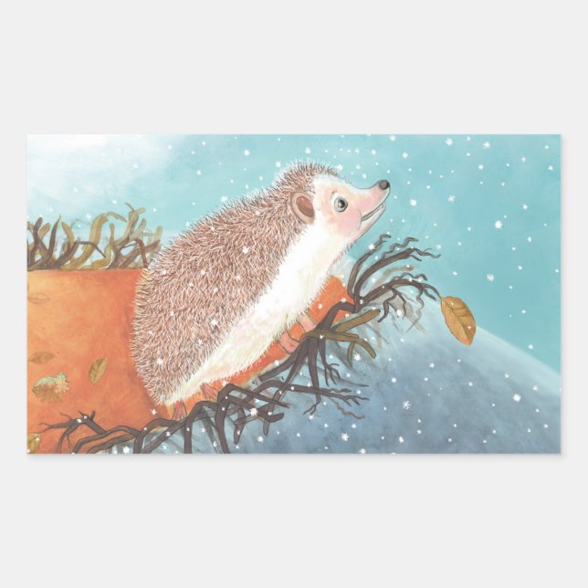Hedgehog and first snowflakes   rectangular sticker (Front)