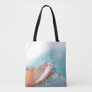 Hedgehog and first snowflakes  tote bag
