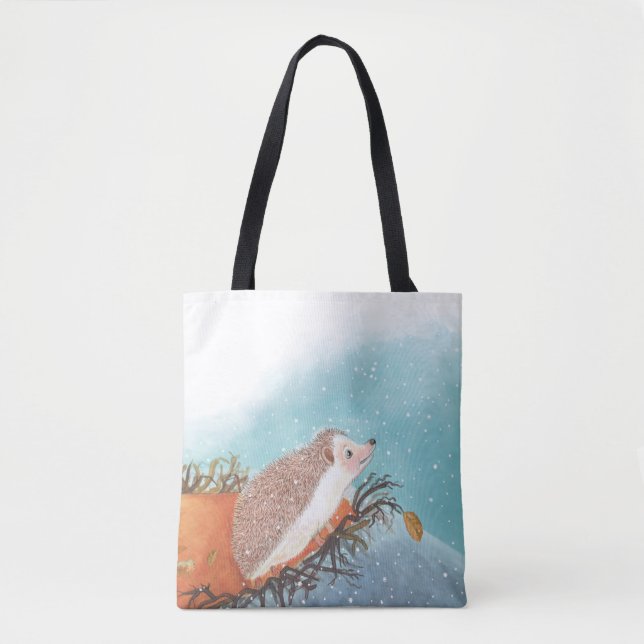 Hedgehog and first snowflakes  tote bag (Front)