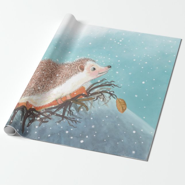 Hedgehog and first snowflakes wrapping paper (Unrolled)