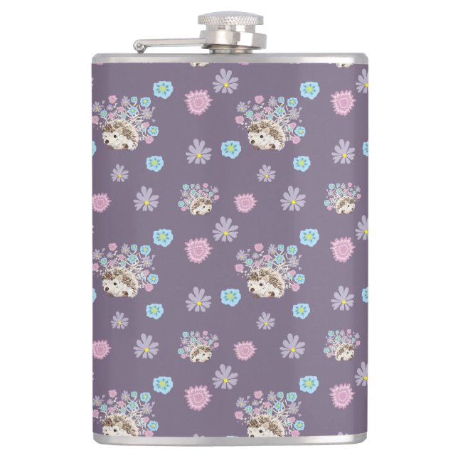 hedgehog and flowers pattern hip flask (Front)