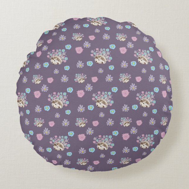 hedgehog and flowers pattern round cushion (Front)