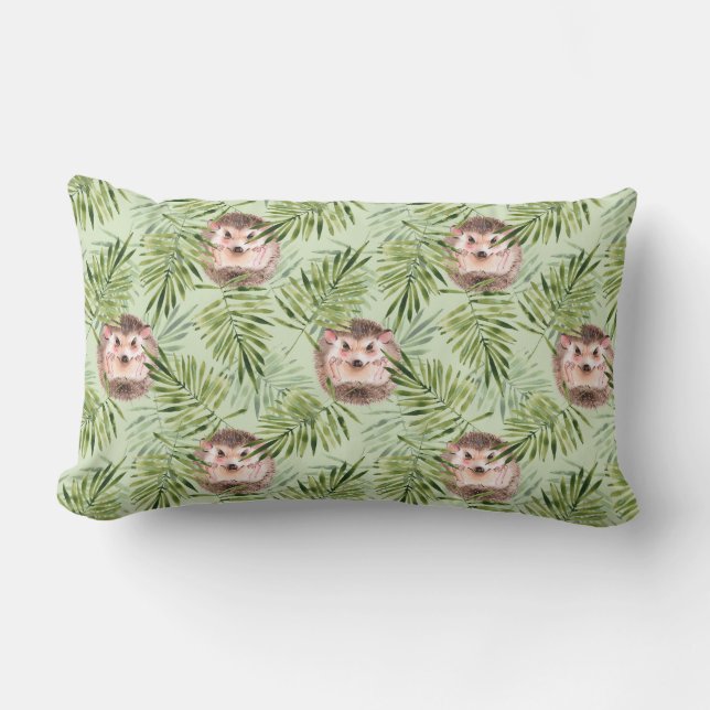 Hedgehog and green leaves lumbar cushion (Front)