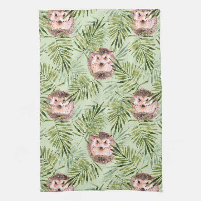 Hedgehog and green leaves tea towel (Vertical)