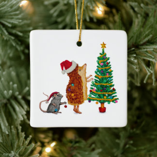 Hedgehog and Mouse Christmas Tree Ceramic Ornament