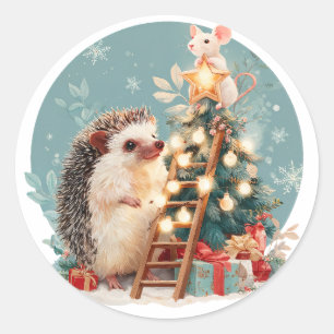 Hedgehog and Mouse Decorating Christmas Tree Classic Round Sticker