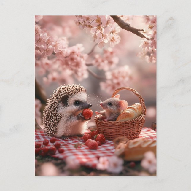 Hedgehog and Mouse Sharing Strawberries - Picnic Postcard (Front)