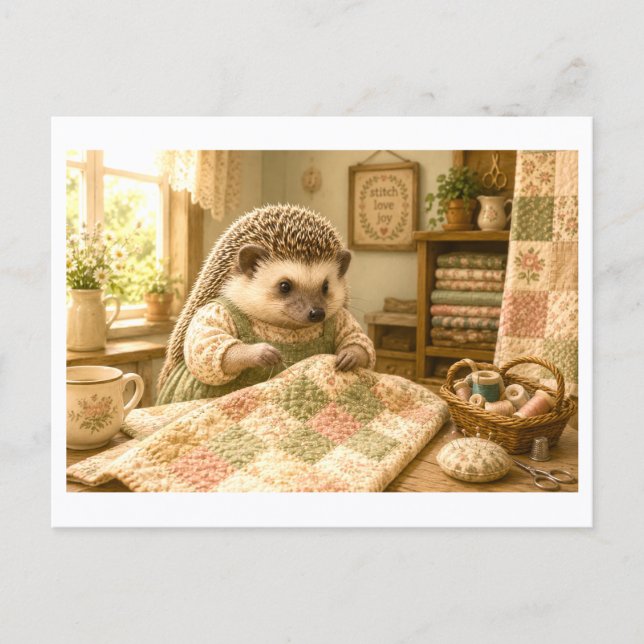 Hedgehog as Quilter Postcard (Front)
