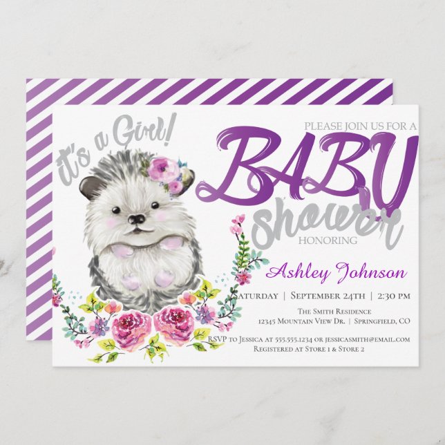 Hedgehog Baby Floral Baby shower Invitation (Front/Back)