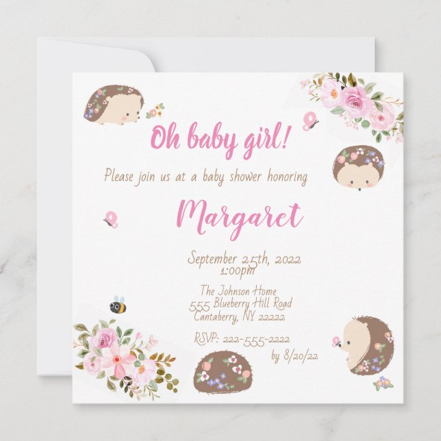 Hedgehog Baby Shower Invitation for Baby Girl (Front)