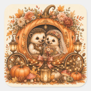 Hedgehog Bride And Groom Pumpkin Carriage Square Sticker