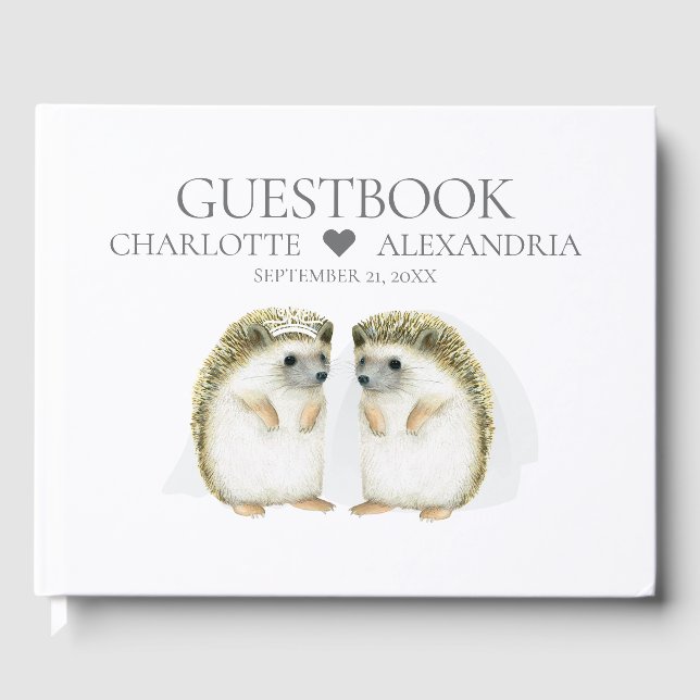 Hedgehog Brides Cute Lesbian Gay Couple Wedding Guest Book (Front)