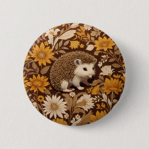 Hedgehog Brown Floral William Morris Inspired 6 Cm Round Badge