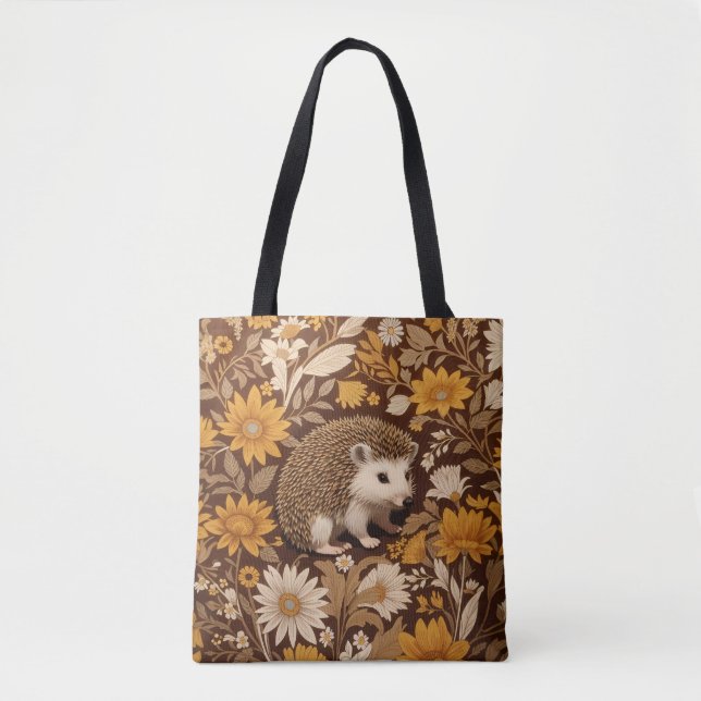 Hedgehog Brown Floral William Morris Inspired Tote Bag (Front)