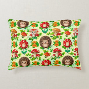 Hedgehog, Bunny, Mushrooms, and Bright Flowers Decorative Cushion