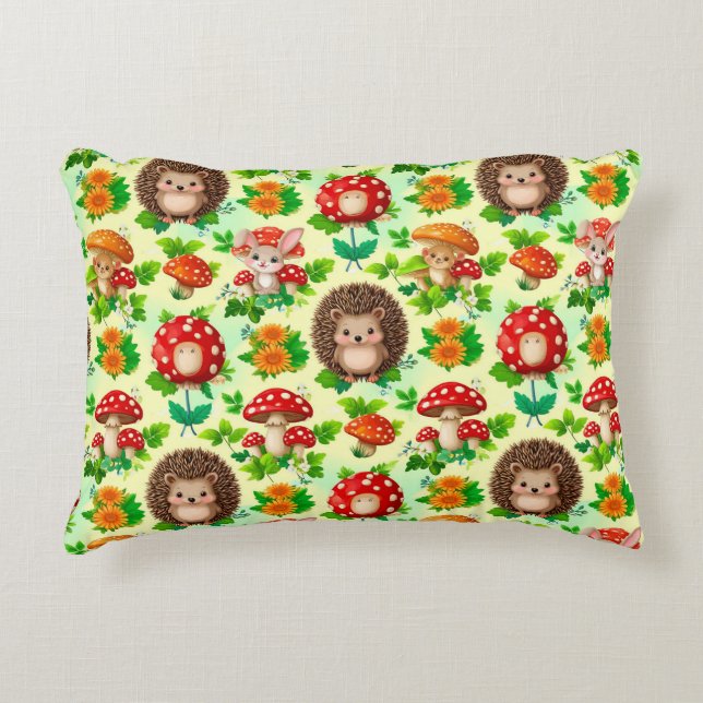 Hedgehog, Bunny, Mushrooms, and Bright Flowers Decorative Cushion (Front)