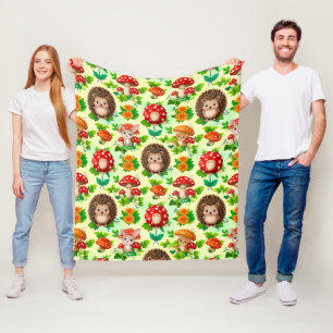 Hedgehog, Bunny, Mushrooms, and Bright Flowers Fleece Blanket