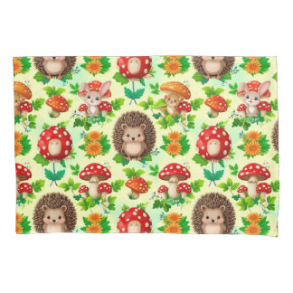 Hedgehog, Bunny, Mushrooms, and Bright Flowers Pillowcase