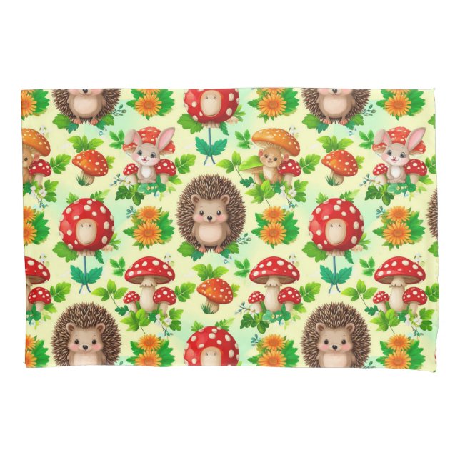 Hedgehog, Bunny, Mushrooms, and Bright Flowers Pillowcase (Front)
