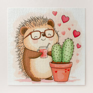 Hedgehog Cactus Cheers Watercolor Jigsaw Puzzle