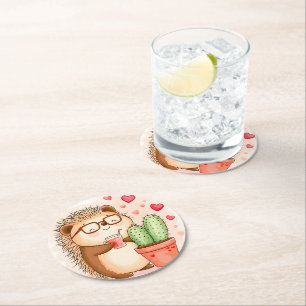 Hedgehog Cactus Cheers Watercolor Round Paper Coaster