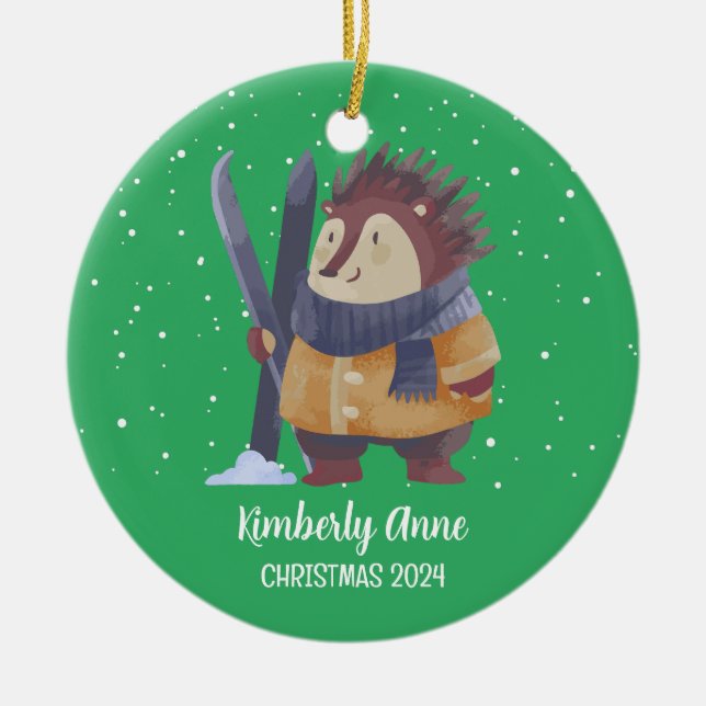 Hedgehog Christmas Animal Snowy Winter Holiday Ceramic Ornament (Front)