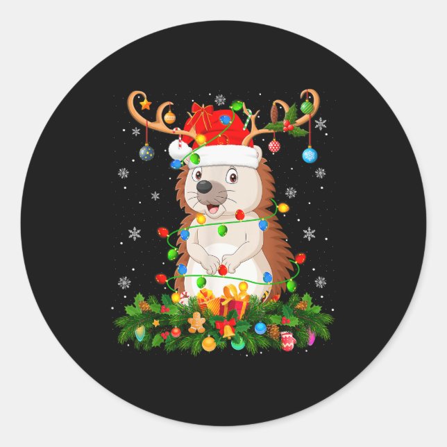 Hedgehog Christmas Lights Reindeer Santa Hat Adult Classic Round Sticker (Front)