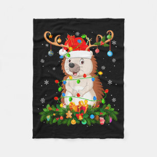 Hedgehog Christmas Lights Reindeer Santa Hat Adult Fleece Blanket