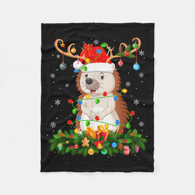 Hedgehog Christmas Lights Reindeer Santa Hat Adult Fleece Blanket (Front)