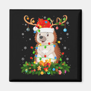 Hedgehog Christmas Lights Reindeer Santa Hat Adult Magnet