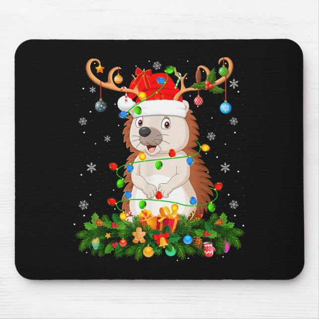 Hedgehog Christmas Lights Reindeer Santa Hat Adult Mouse Pad (Front)