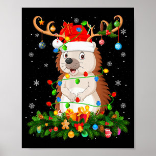 Hedgehog Christmas Lights Reindeer Santa Hat Adult Poster
