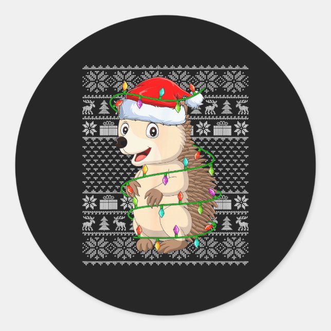 Hedgehog Christmas Lights Ugly Sweater Funny Santa Classic Round Sticker (Front)