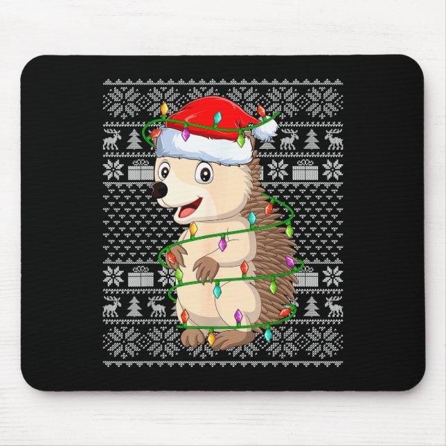 Hedgehog Christmas Lights Ugly Sweater Funny Santa Mouse Pad (Front)